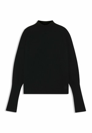 Maglione nero a maglia con colletto alto e maniche lunghe, caratterizzato da una vestibilità comoda e polsini a costine. Sottile logo del marchio all'orlo.