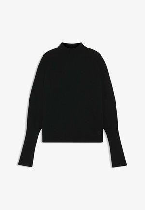 Maglione nero a maglia con colletto alto e maniche lunghe, caratterizzato da una vestibilità comoda e polsini a costine. Sottile logo del marchio all'orlo.