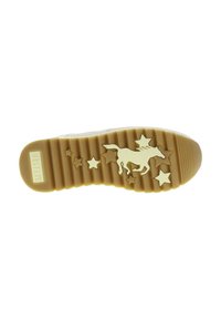 Podeszwa gumowa w jasnobrązowym kolorze z rowkami. Wytłaczany wzór przedstawia galopującego konia oraz gwiazdy w kontrastowym jasnym kolorze.