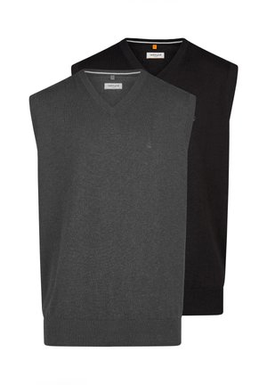 Dwa dzianinowe swetry bez rękawów z dekoltem w serek w kolorach ciemnoszarym i czarnym, nałożone na siebie na białym tle.