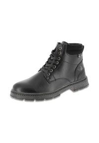 Stivali ankle in pelle nera con punta rotonda, lacci, occhielli in metallo, colletto imbottito e suola in gomma testurizzata con trazione.