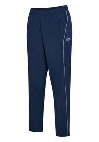 Marineblaue Sporthose mit elastischem Bund, Seitentaschen, weißen Paspeln an den Seiten und kleinem weißen Logo am linken Oberschenkel.