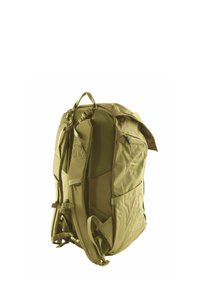 Zaino in tessuto verde con spallacci imbottiti, pannello posteriore in rete, più scomparti e maniglia superiore. Presenta fibbie regolabili e una zip.