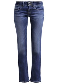 Mörkblå denimjeans i rak passform, med femficksdesign, flerspårig gylf och subtil blekningen vid knäna.