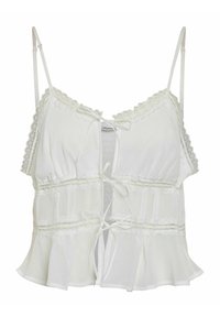 White sleeveless top with lace trim, ruffled hem, and front tie detail. Made from lightweight fabric with gathered sections for texture.