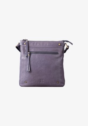 Purple leather crossbody bag with front zipper pocket, gold hardware accents, and a textured surface. Features a long adjustable strap.