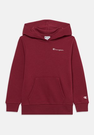 Maroon Champion hættetrøje med frontlomme, lange ærmer og broderet logo på bryst og venstre håndledsmanchet.