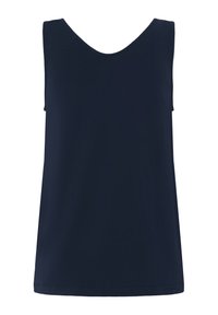 Débardeur bleu marine sans manches avec un col en U et un ourlet droit, présenté sur un fond blanc.