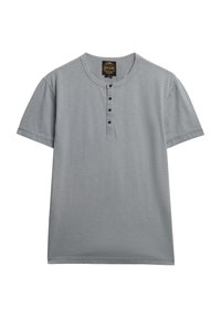 Szary krótki T-shirt Henley z okrągłym dekoltem, z półgolfem oraz czarnymi guzikami, wykonany z miękkiego, lekkiego materiału.