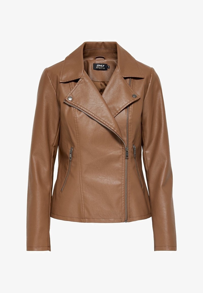 Veste de moto en cuir synthétique marron avec un col, une fermeture éclair asymétrique et deux poches zippées sur les côtés. Fini lisse et texturé.