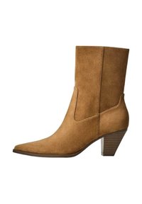 Tan suede ankle boot with pointed toe, low stacked heel, and side seam detailing. Smooth texture with clean, minimal design.