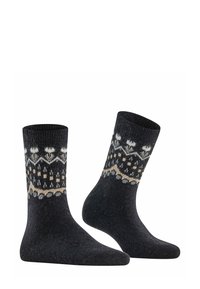 Schwarze Stricksocken mit einem dekorativen, gemusterten Bündchen in Creme und Grau. Sie haben eine weiche Textur und eine moderate Höhe.