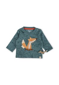 Langärmliges Shirt aus türkisfarbener Stoff mit einem Fuchsdesign, geometrischen Mustern und einem orangefarbenen Halsauschnitt. Inklusive passendem Fuchs-Spielzeug-Akzent.