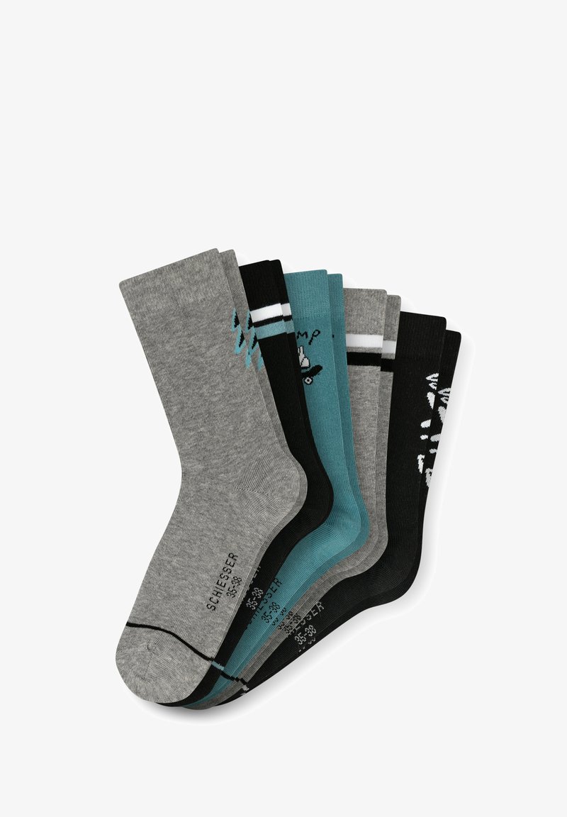 Fünf Paar Socken in unterschiedlichen Farben: grau, blaugrün, schwarz und mit gemusterten Designs. Die Materialien scheinen gestrickt zu sein, mit geripptem Texture und kontrastierenden Akzenten.