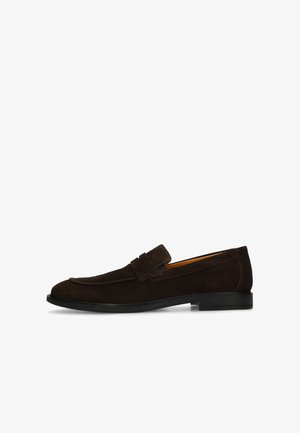 Dark brown suede men's loafer with low heel and penny strap detail, shown in side profile on white background.