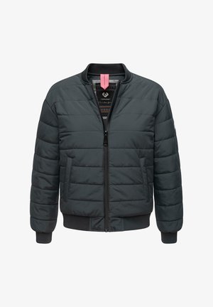 Padded bomber jacket in dark gray. Zipper front, ribbed cuffs and hem, side pockets, and contrasting inner pattern. Smooth texture.