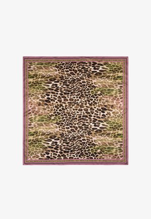 Écharpe à motif léopard avec des taches marron et noires sur un fond doux rose et vert, bordée d'un fin liseré rose et vert.