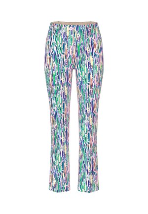 Slim-fit pants with multicolor abstract brushstroke pattern in blue, green, beige, and pink, featuring a button and zip closure at the front.