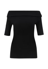 Top nero in maglia a coste con spalle scoperte, maniche corte e un ampio collo ripiegato.