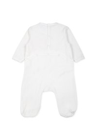 Witte baby romper met lange mouwen, zachte stof, ronde hals en drukknopen aan de achterkant en onderkant. Heeft een ontwerp met voetjes.