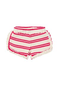 Shorts rayés en crème et rose, fabriqués à partir d'un tissu texturé, avec un ourlet à volants et une taille large. Coupe courte avec des détails sur les côtés.