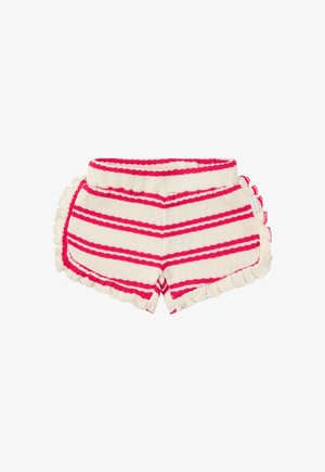 Striped shorts in cream and pink, made from textured fabric, featuring a ruffled hem and a wide waistband. Short cut with side detailing.