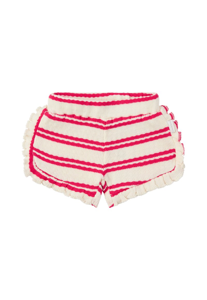 Shorts rayés en crème et rose, fabriqués à partir d'un tissu texturé, avec un ourlet à volants et une taille large. Coupe courte avec des détails sur les côtés.