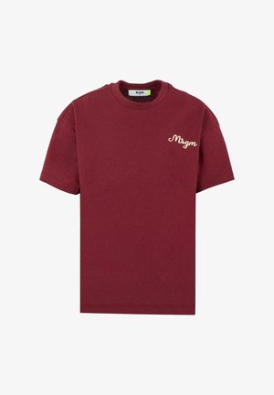 Bordeaux katoenen t-shirt met een ronde hals, korte mouwen en een klein wit logo op de borst. Glad materiaal met een ontspannen pasvorm.