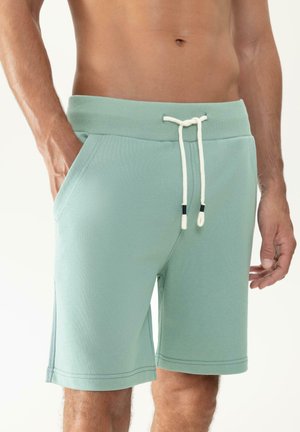 Hellgrüne Shorts aus einem Baumwollmischgewebe, mit einem gerippten Taillenbund, einer Kordelzugverschlusst sowie seitlichen Taschen mit Stichdetails.