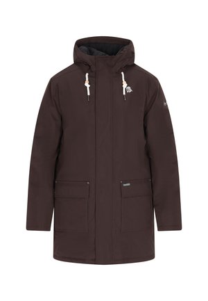 Bruin parka jack met een capuchon, voorzien van een ritssluiting, twee grote voorzakken en koorden bij de capuchon. Waterdicht materiaal.