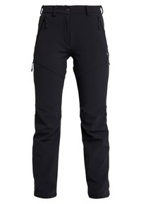 Svarta softshell-byxor med en tapered design, med dragkedjeförsedda framfickor och en logotyp på låret. Materialet har en jämn, matt yta.