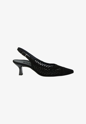 Black suede slingback kitten heel shoe with pointed toe and perforated circular cutout pattern on sides.