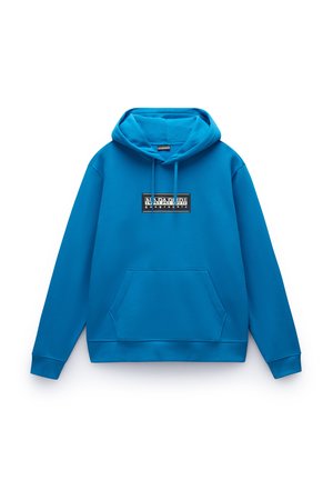 Blauwe hoodie van zacht materiaal met een kangoeroezak. Heeft een grafisch logo in zwart-wit op het midden van de voorkant.