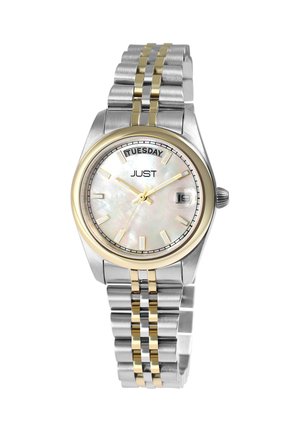 Silberne und goldene Edelstahlarmbanduhr mit rundem Ziffernblatt, perlmuttweißem Zifferblatt, goldenen Zeigern, Tagesanzeige und einem zweifarbigen verbundenen Armband.