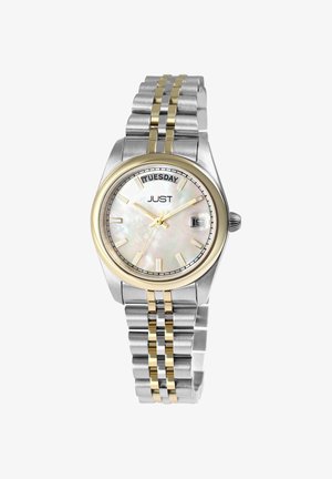 Silberne und goldene Edelstahlarmbanduhr mit rundem Ziffernblatt, perlmuttweißem Zifferblatt, goldenen Zeigern, Tagesanzeige und einem zweifarbigen verbundenen Armband.