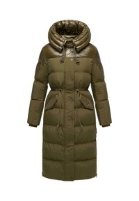 Olijf groene gewatteerde parka jas met een hoge kraag, trekkoord in de taille, grote zakken en een glanzende afwerking op het schoudergedeelte.