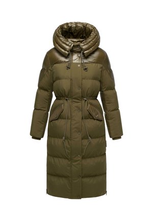 Olivi vihreä pehmustettu parka-takki, jossa on korkea kaulus, naru vyötäröllä, suuret taskut ja kiiltävä pinta olkapäillä.