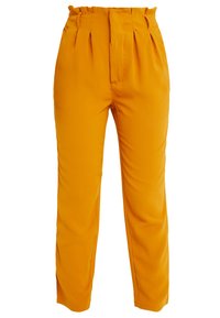 Yellow trousers with a relaxed fit, featuring a high waist, pleats, and smooth texture. The material is lightweight and tailored.