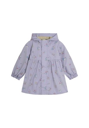 Lilla regnfrakke med hætte, prydet med et blomstermønster i forskellige farver. Elastiske manchetter og knaplukning foran. Blød indvendig foring.