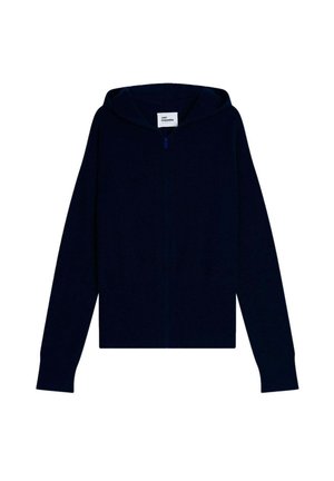 Marineblauwe cashmere hoodie met volledige rits, lange mouwen, geribbelde manchetten en een ruime capuchon. Zachte textuur, strak ontwerp, zonder patronen.