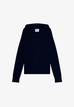 Marineblå cashmere hoodie med fuld lynlås, lange ærmer, ribbede manchetter og en rummelig hætte. Blød tekstur, enkelt design, ingen mønstre.