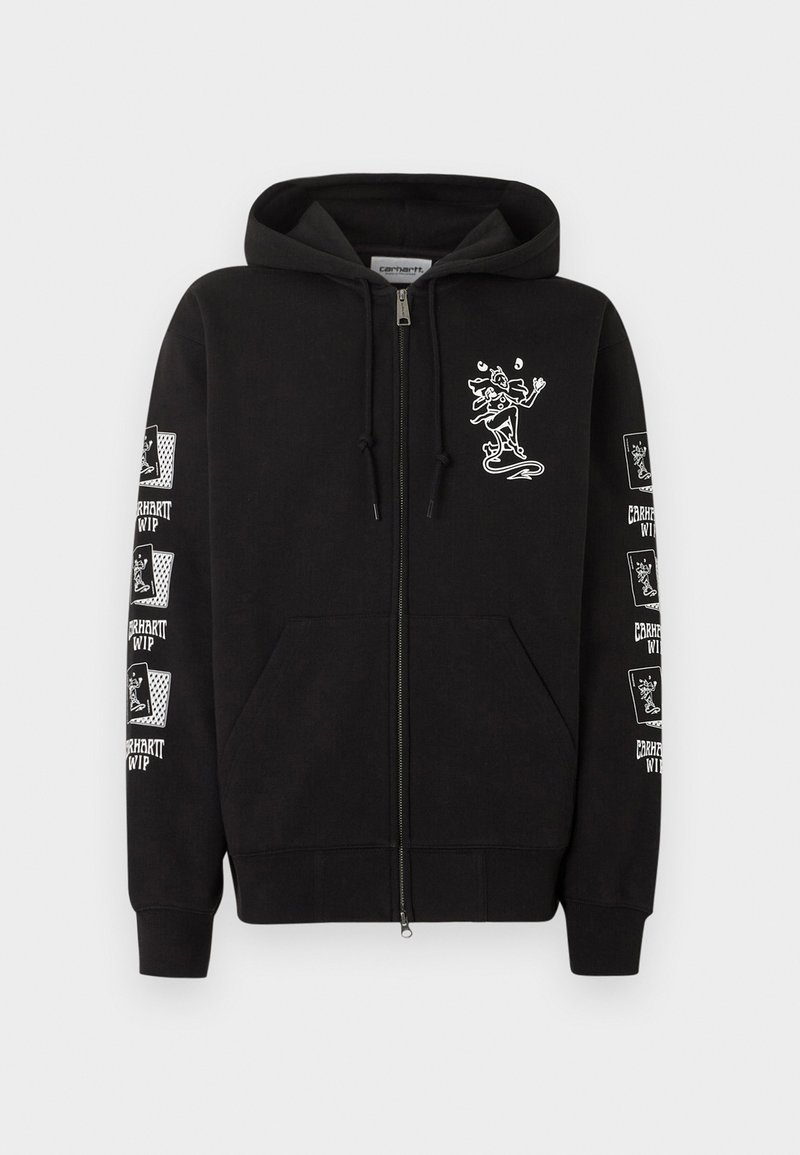 Schwarzer Kapuzenpullover mit Reißverschluss, Vordertaschen, einem kleinen weißen Cartoon-Skateboarder auf der Brust und wiederholten "Carhartt WIP"-Skateboarder-Logos auf den Ärmeln.