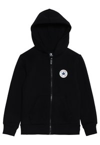 Schwarzer Kapuzenpullover mit durchgehendem Reißverschluss, zwei Fronttaschen, gerippten Bündchen und rundem Logo-Patch auf der linken Brust. Weiche Fleece-Textur.