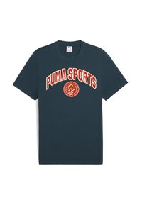 Tamsiai mėlynas medvilnės marškinėliai su "PUMA SPORTS" tekstu baltos ir raudonos arkos dizaino, su apvaliu logotipo detaliu centre.