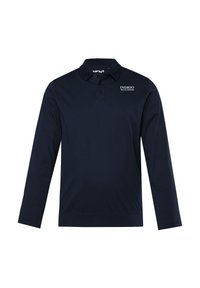 Námořnické polo tričko s dlouhým rukávem vyrobené z měkké tkaniny, s klasickým límečkem, třemi knoflíky a bílým logem "INDIGO BLUE DENIM" na hrudi.