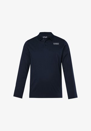 Granatowa koszulka polo z długim rękawem, wykonana z miękkiego materiału, z klasycznym kołnierzykiem, trzema guzikami oraz białym logo "INDIGO BLUE DENIM" na piersi.