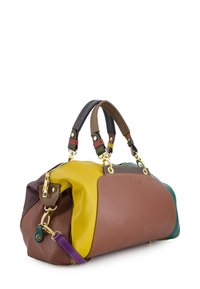 Leather handbag featuring a mix of yellow, brown, green, and purple colors, with dual handles and gold-tone hardware. Textured finish.