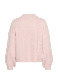 Světlerůžový zkrácený svetr s texturovaným pleteným vzorem a cik-cak designem. Má balónové rukávy a zaoblený límec.