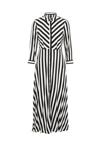 Mustat ja valkoiset raidat, napitettava etuosa, kaulus ja kolmanneksen pituiset hihat, suora ja valuva muotoilu.