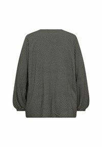 Schwarz-weiß gemusterte Bluse mit lockerem Schnitt, langen, puffigen Ärmeln und glatter Textur. Rückendesign, keine sichtbaren Labels.